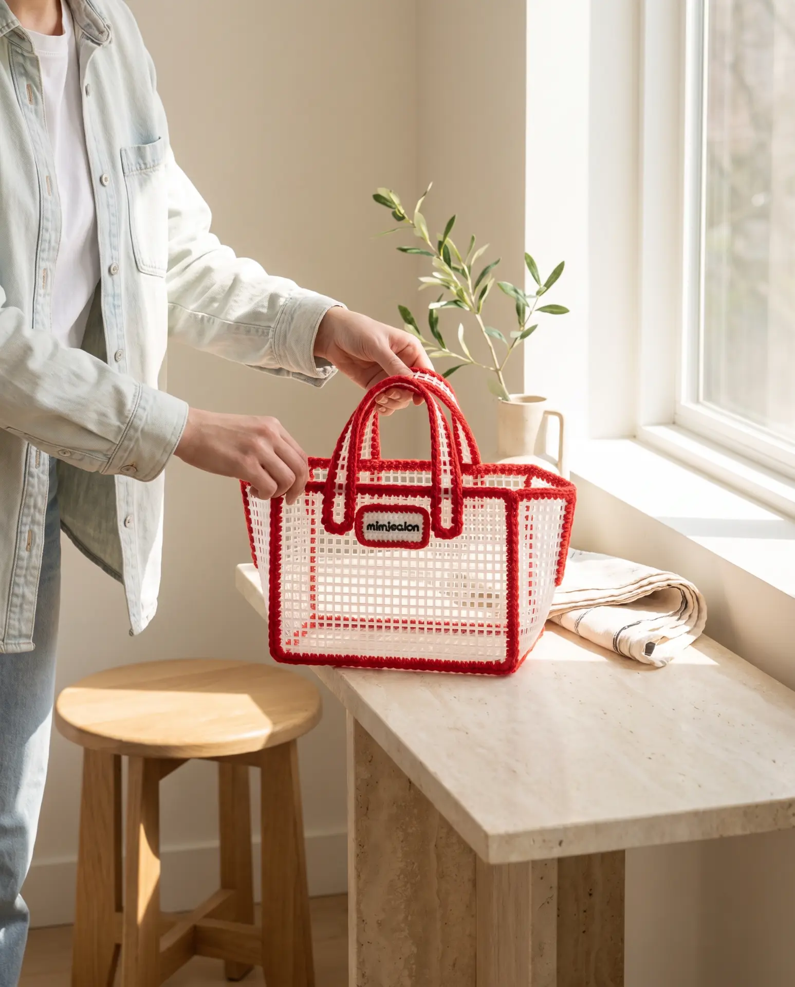 White mesh tote with cherry-red crochet trim on a travertine console