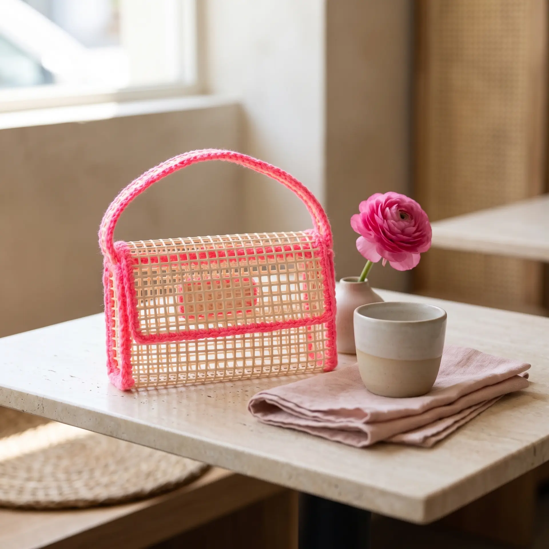 Pink mini bag on a marble cafe table