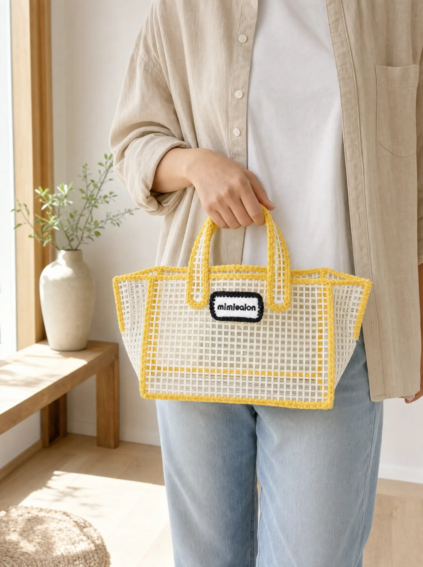 Cream mesh mini tote with sunny yellow crochet trim