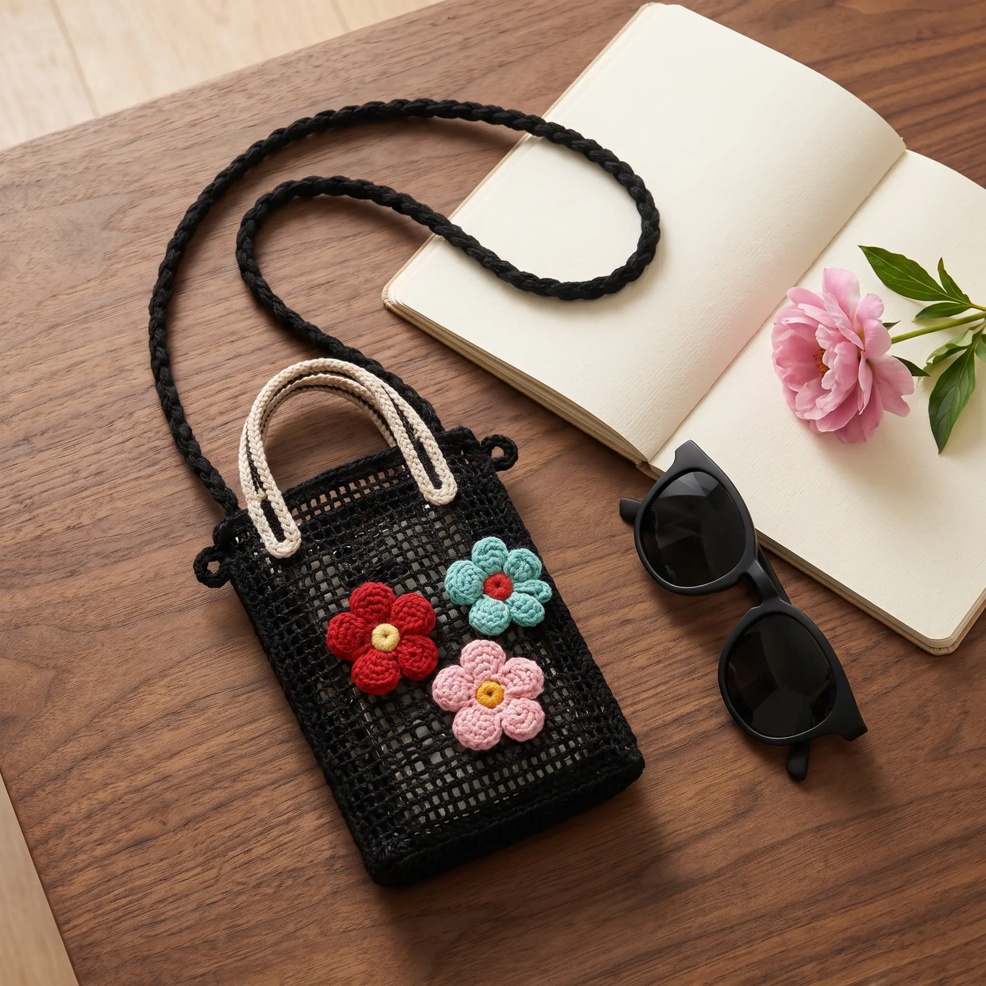 A black mesh phone bag with crochet flowers on a walnut table