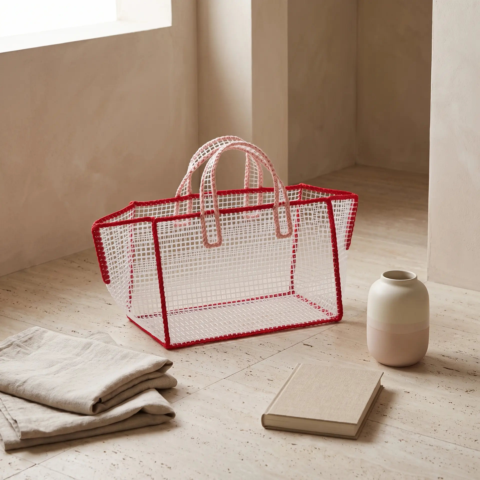 Red-trim mesh tote in a sunlit room