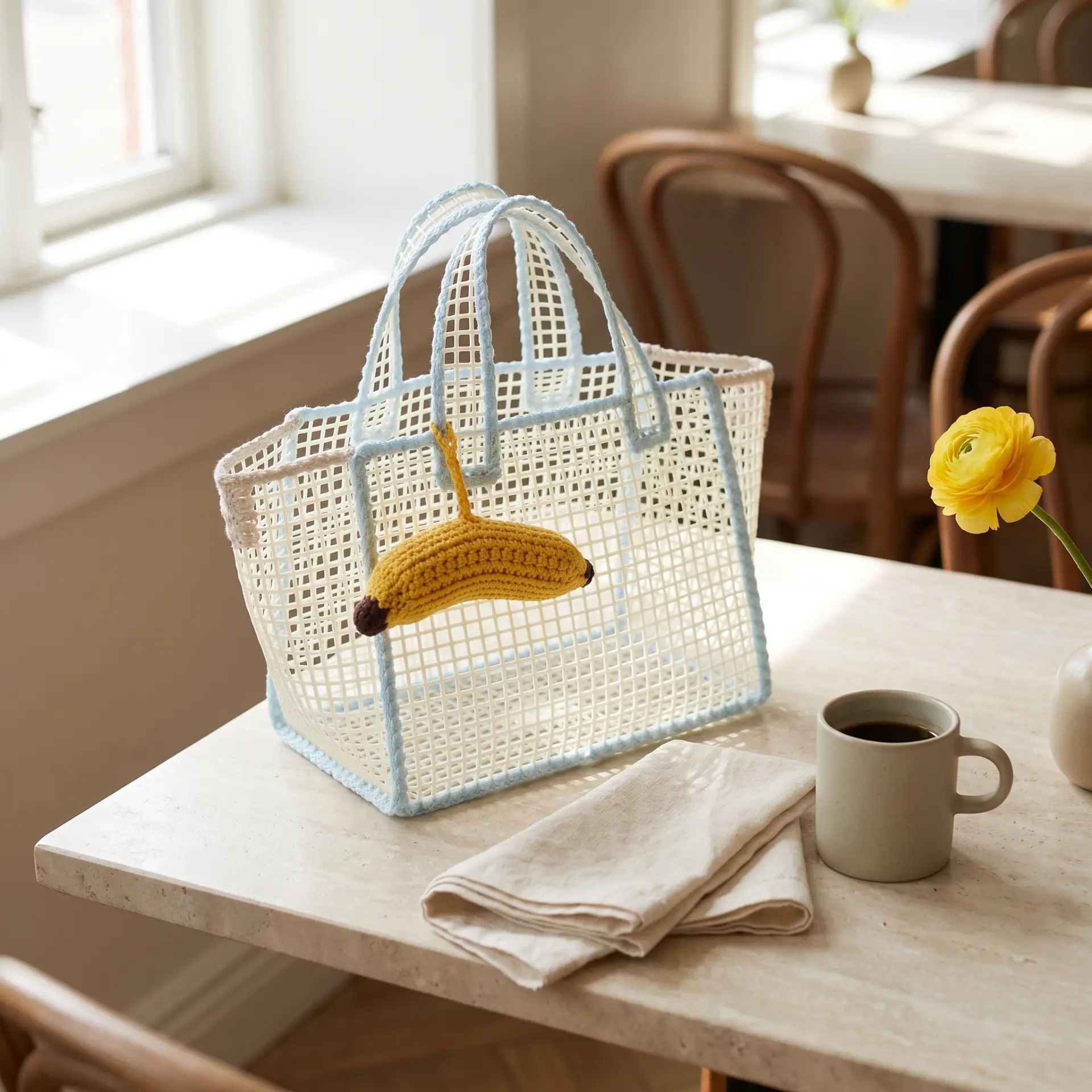 Banana tote on a cafe table with coffee