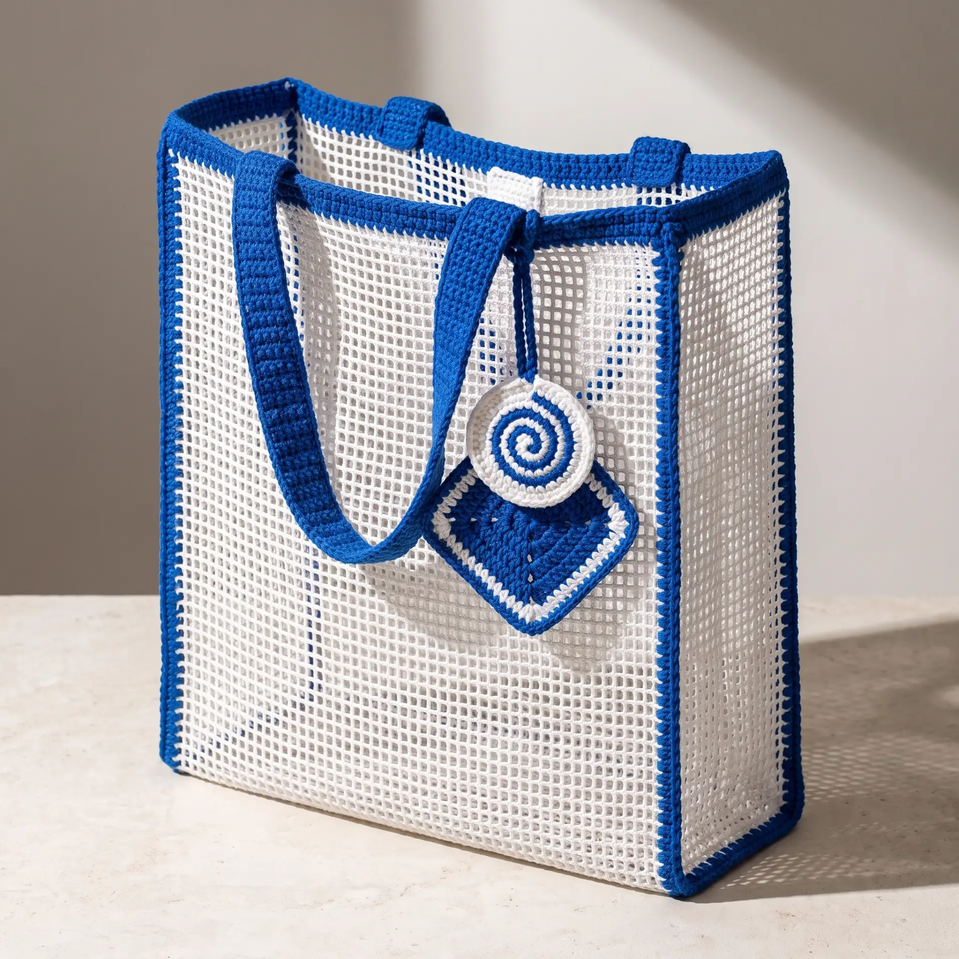 Blue and white mesh tote with crochet charms