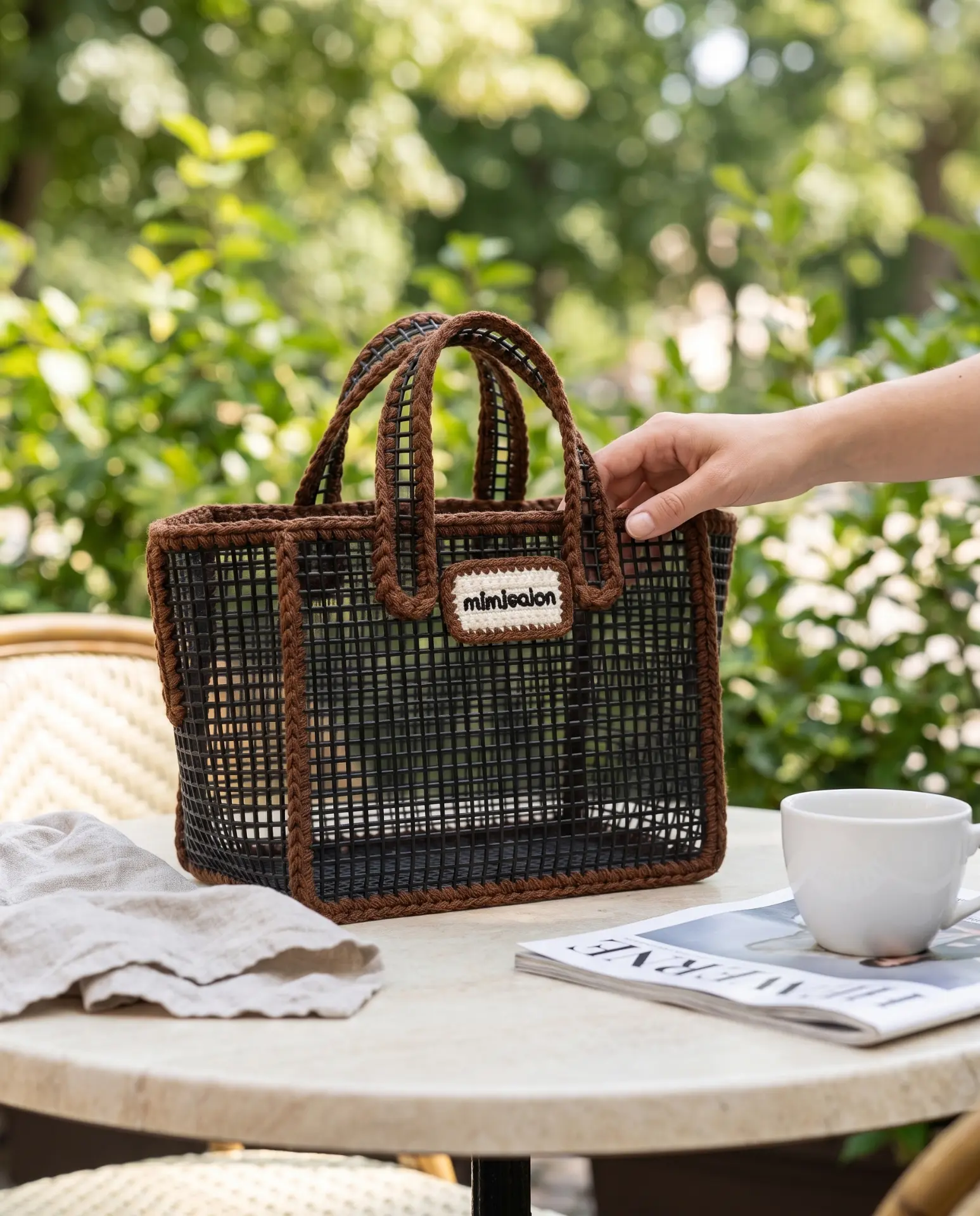 Black mesh tote with brown crochet trim on a garden cafe table
